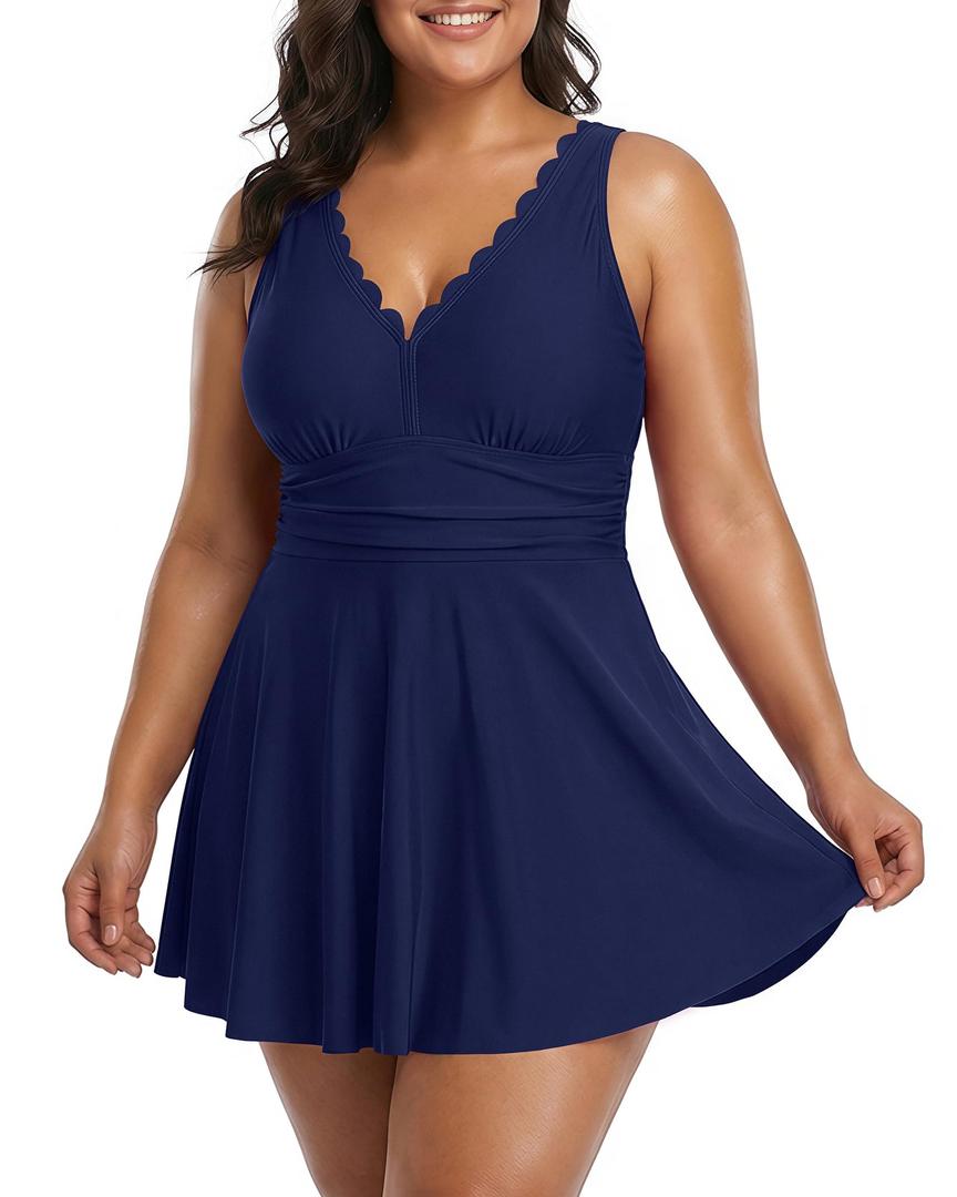 Charmo Women Plus Size Swimdress One Piece Swimsuit Ruched Tummy Control Bathing Suit Scalloped V Neck Flowy Swimwear 1X