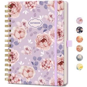AHGXG Spiral Journal Notebook, 160 Lined Pages, A5 Medium Size (5.7'' x 8.3''), for Women, Journaling, Writing, Work & Office, Hardcover, 100 GSM Thick Paper (Lavender Pink Peony)