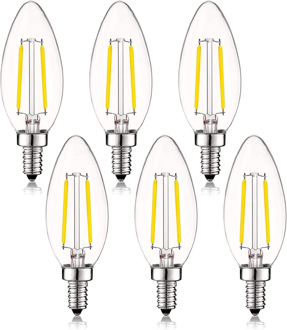 2W LED Candelabra Bulb 25W Equivalent E12 Dimmable LED Bulbs Clear Filament Vintage Home Decoration Candle Light Bulbs B11 2700K Warm White,6 Pack