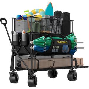VIVOHOME 500L Large Capacity Double Decker Collapsible Wagon 500lbs Heavy Duty Utility Folding Cart with Big Wheels 53" Extended for Camping, Sports (Black)
