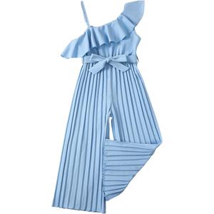 Girls Ruffle Jumpsuit with Halter Waist Belt Wide Leg Pleated Long Romper Teens Summer Playsuit, Size 8Y
