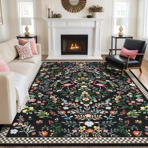 Area Rugs for Living Room: 5'X7' Area Rug Washable Large Low Pile Floral Rug Non Slip Backing Indoor Floor Throw for Bedroom Kitchen Dining Room Playroom Office, Black