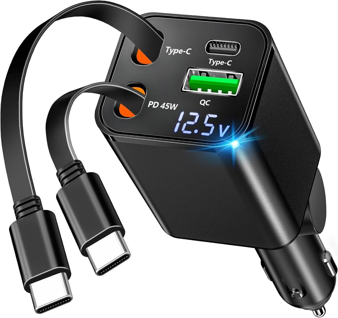 [Apple MFi Certified] Retractable Car Charger USB C, Braveridge 120W USB C Car Charger 4 in 1 PD/QC Type C Fast Charge Cigarette Lighter Adapter for iPhone 17/17 Pro Max/16 Pro/15/Galaxy S25/S24/Pixel