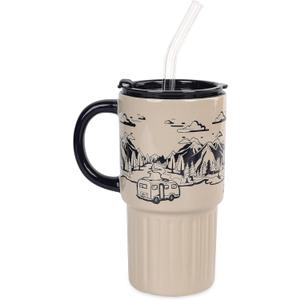 Ceramic Travel Coffee Mug with Lid and Straw - 20 oz Camper Design, Spill-Proof, Reusable for Hot and Cold Beverages, Black and Beige