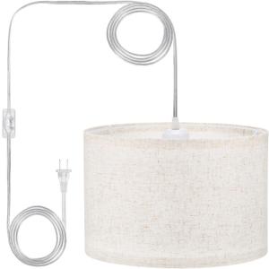 PATIKIL Plug in Pendant Light, 15Ft Rope Cord Hanging Lamp Fixture with ON/Off Switch, Linen Fabric Shade E26/E27 Bulb Socket for Bedroom Kitchen Living Room, Beige