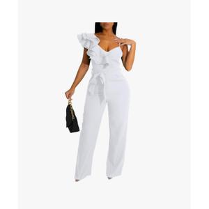 kaimimei Womens Casual Jumpsuits V-Neck Sleeveless Ruffle Backless Belted Wide Leg Pant Sexy Romper Party Clubwear Large, White 