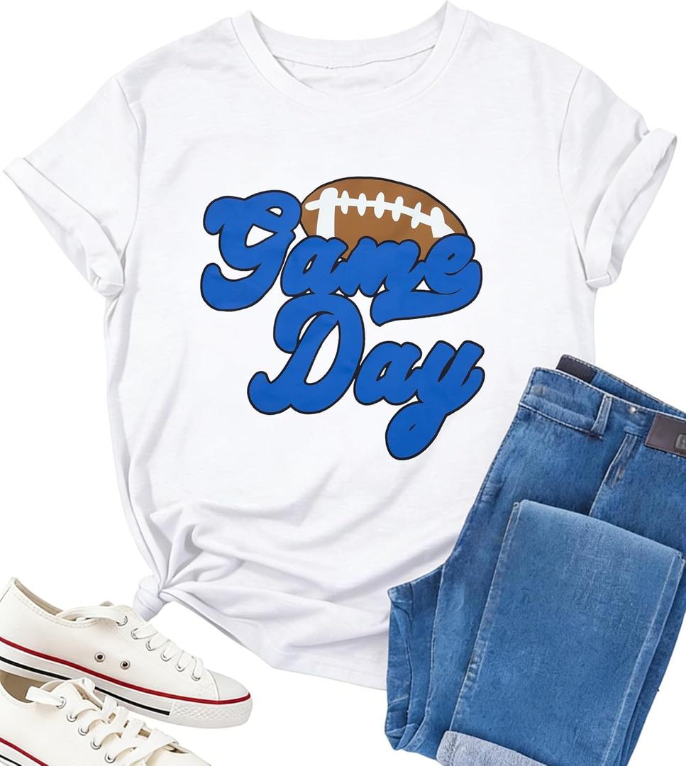 Game Day Shirts for Women Football Graphic Sunday Funday Tee Vintage Casual Football Season Short Sleeve Tee Tops (Medium, White)