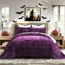 Oversized King Patchwork Velvet Comforter,Purple Wave Pattern Quilt