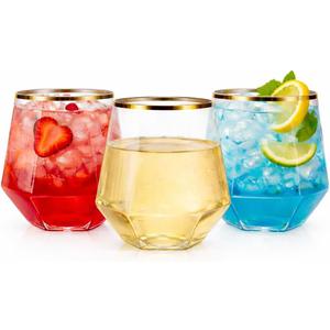 Oojami 40 count Diamond 12 Ounce Gold Rim Cups Unbreakable Stemless Plastic Wine Champagne Whiskey Glasses Elegant Durable Disposable Indoor Outdoor Ideal for Home, Office, Bars, Wedding (Gold)