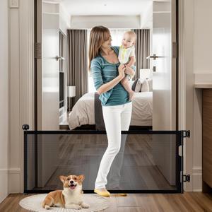 24" Tall Retractable Baby Gates to Step Over, Short Dog Gates Pet Gate for Puppies Small Dogs, 0-55" Wide Adjustable Mesh Baby Gate for Doorways and Stairs, Indoor/Outdoor Use, Black