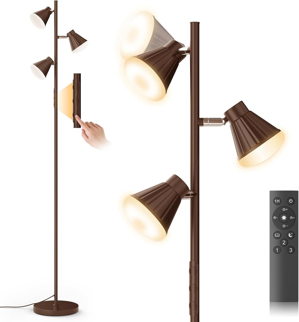 36W LED Tree Floor Lamp, Dimma ble Tall Standing Lamp with Remote & Touch Control, 4 Color Temperatures Bright Floor Lamp, 3 Rotatable Light Modern Floor Lamps for Living Room Bedroom Office (Brown)