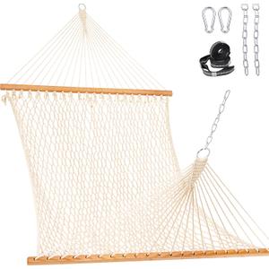 Lazy Daze Hammocks Double Rope Hammock, 2 Person Traditional Outdoor Hand Woven Cotton Rope Hammock with Spreader Bar, Chains, Tree Straps for Patio Yard - Max 450 Lbs, Natural