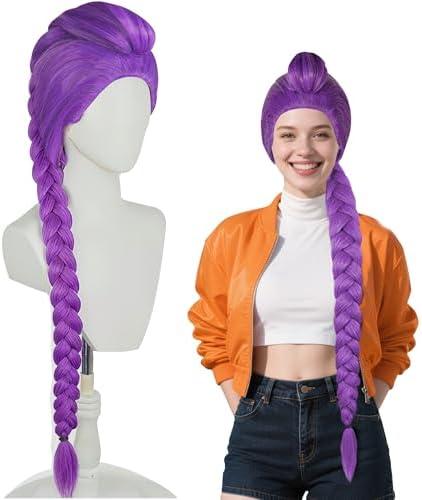 SFYANGXI Long Purple Cosplay Wig with Braid Ponytails - Halloween Cosplay Wigs for Adult Women & Costume Party
