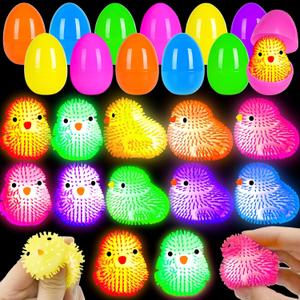 12 Pcs Easter LED Light-Up Puffer Chick Toys with Colorful Eggs | Reusable Sensory Fidget Stress Relief Toys for Kids Adults | Easter Basket Stuffers Fillers, Party Favors, Classroom Prizes