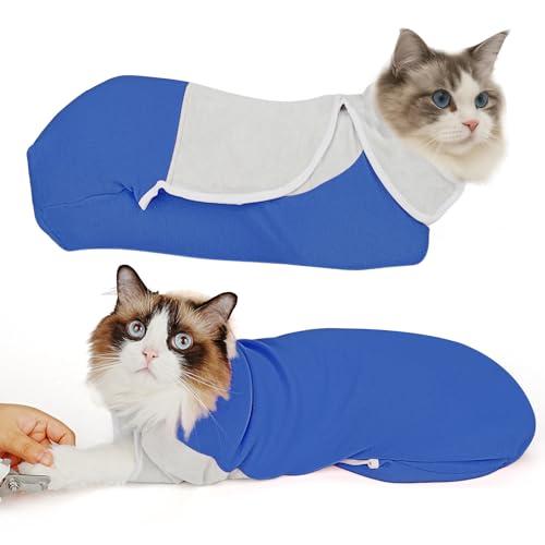 Pawfun Self-Adhesive Cat Grooming Wrap, Cozy Cat Wrap for Cutting Nails, Breathable Anti-Scratch Cats Swaddle Bag for Brushing, Ear Cleaning, Dental Care, Medication, Injections, Blue S