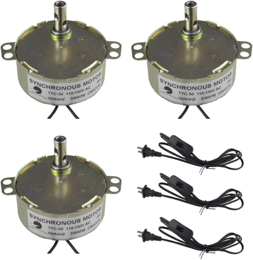 CHANCS 3PCS Synchronous Turntable Motor Electric Motor TYC50 5-6RPM/MIN 50/60Hz 4W CW/CCW AC100~127V Synchron Motor for Cup Turner,Cuptisserie Rotator with Lamp Power Cord Foot Switch 1.8m US Plug