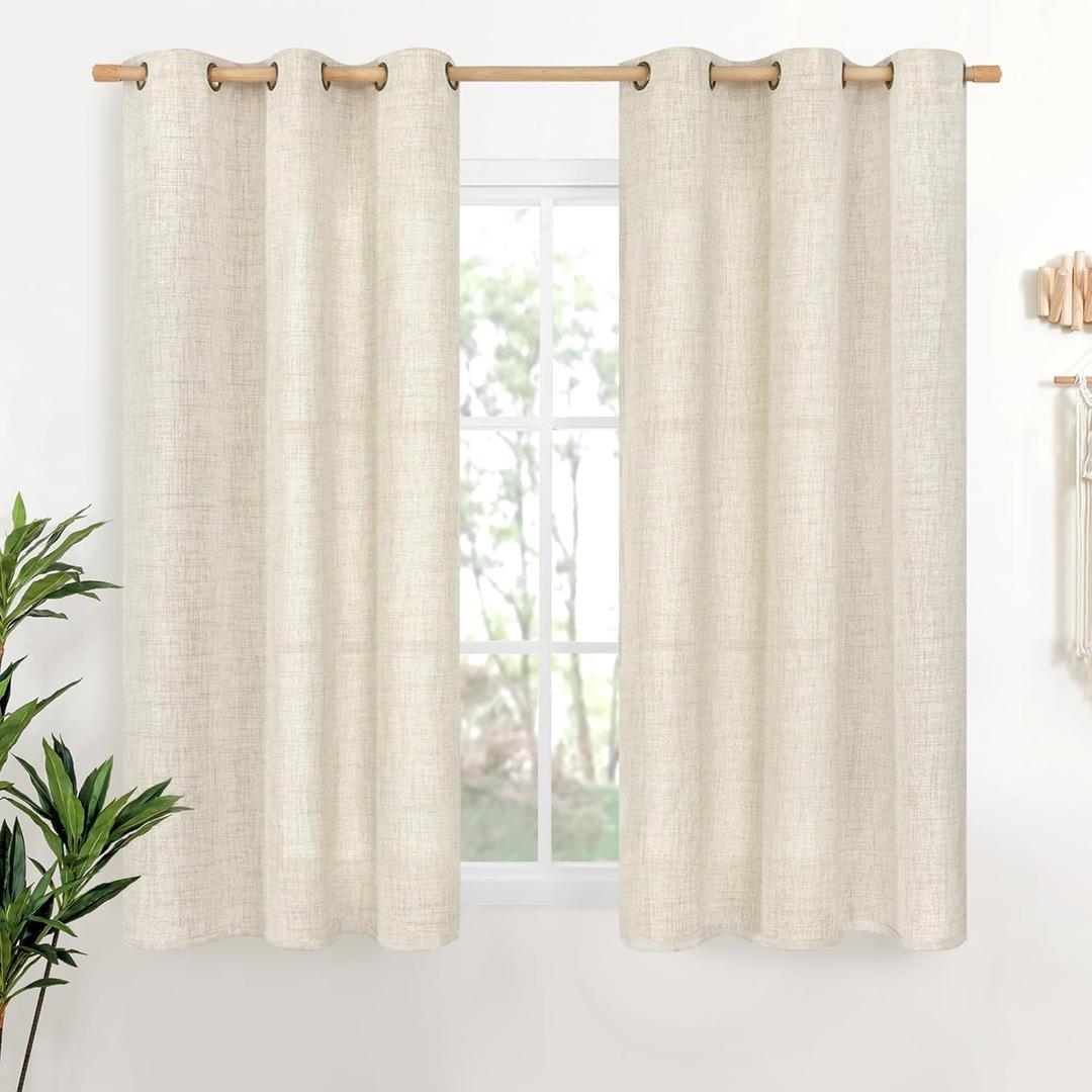 YoungsTex Short Linen Semi Sheer Curtains 45 Inch Length 2 Panels, Light Filtering Textured Window Drapes with Bronze Grommet for Kitchen Living Room Windows, 42 x 45 Inch
