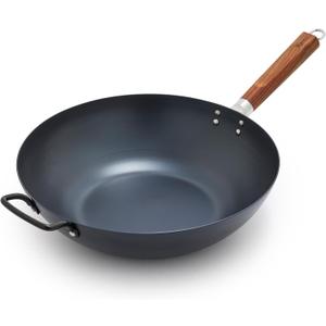 GreenPan Carbon Steel Wok 14, Flat Bottom, Durable Stir-Fry Pan, Pre-Seasoned Ready to Use, High Heat Retention, Induction, Ash Wood Handle, Kyoto, Black