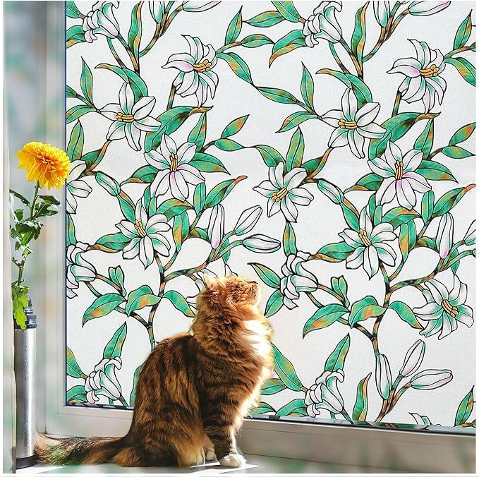 Coavas Stained Glass Window Film：Static Cling Window Privacy Film Decorative UV Sun Blocking Non-Adhesive Glass Window Covering for Home Bathroom（Frosted Green, 35.4 x 118.1inch）