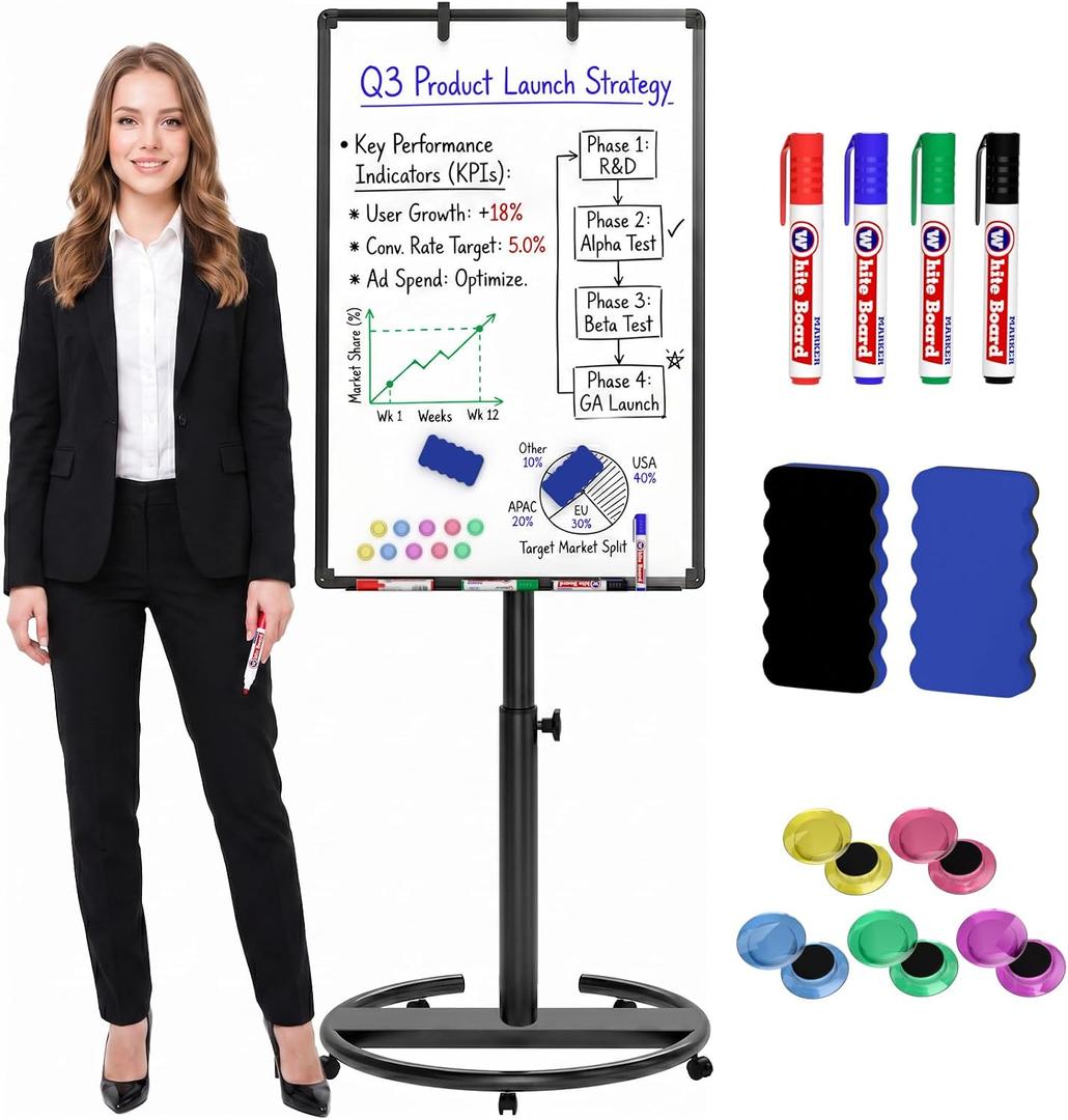Nicpro Magnetic Rolling Whiteboard, Black Easel for Classroom 36x 24 inches