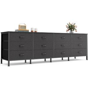 Huuger 70 Inch Black Dresser for Bedroom, TV Stand for 65, 75, 80 Inch TV, 12 Fabric Drawer Long Dresser, Wide Chest of Drawer, Storage Units for Living Room