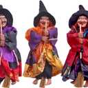 3 PCS Halloween Hanging Witches Decorations, 8" Halloween Witches Ornaments Flying Witches Figures on Broom Halloween Outdoor Indoor Decorations Haunted House Hanging Props Party Decor (#A)