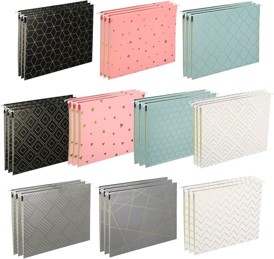 30 Pcs Geometric Hanging File Folders, Including Adjustable Tabs and Inserts, Letter Size Decorative Hanging File Cabinet Inserts Organizer for Desk Office, 5 Colors Gold Foil Designs