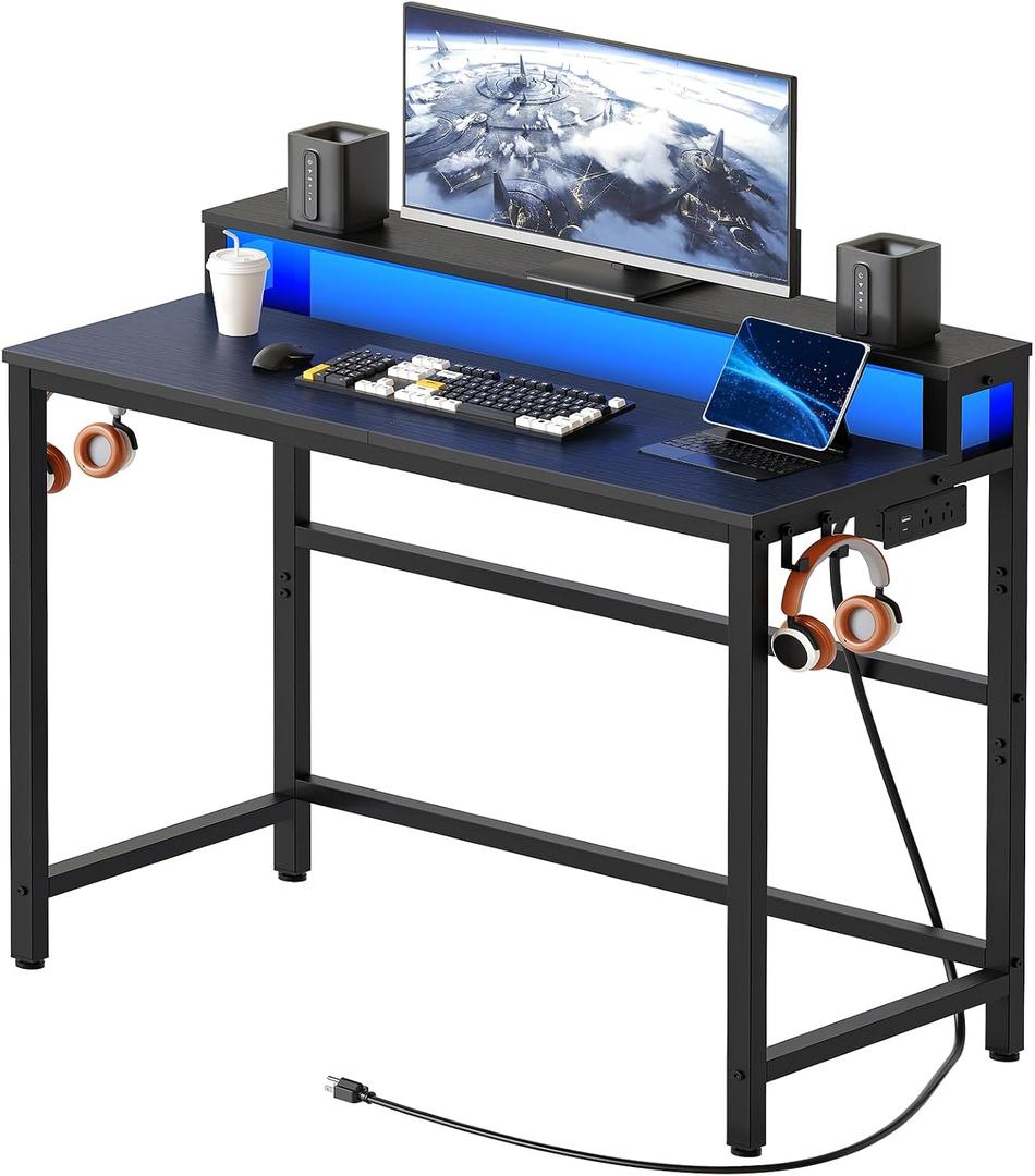 YATINEY Small Computer Desk with Charging Station and LED Lights, Gaming Desk with Monitor Stand, 2-Tier Home Office Desk with 4 Side Hooks, for Living Room, Home Office, Black DN01UDB