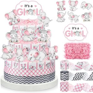 Fuutreo Elephant Diaper Cake Decorations Baby Shower Diaper Cake Decorations with Baby Elephant Ribbon, Gender Reveal Cards, Raffia for Shower Party(It's A Girl)