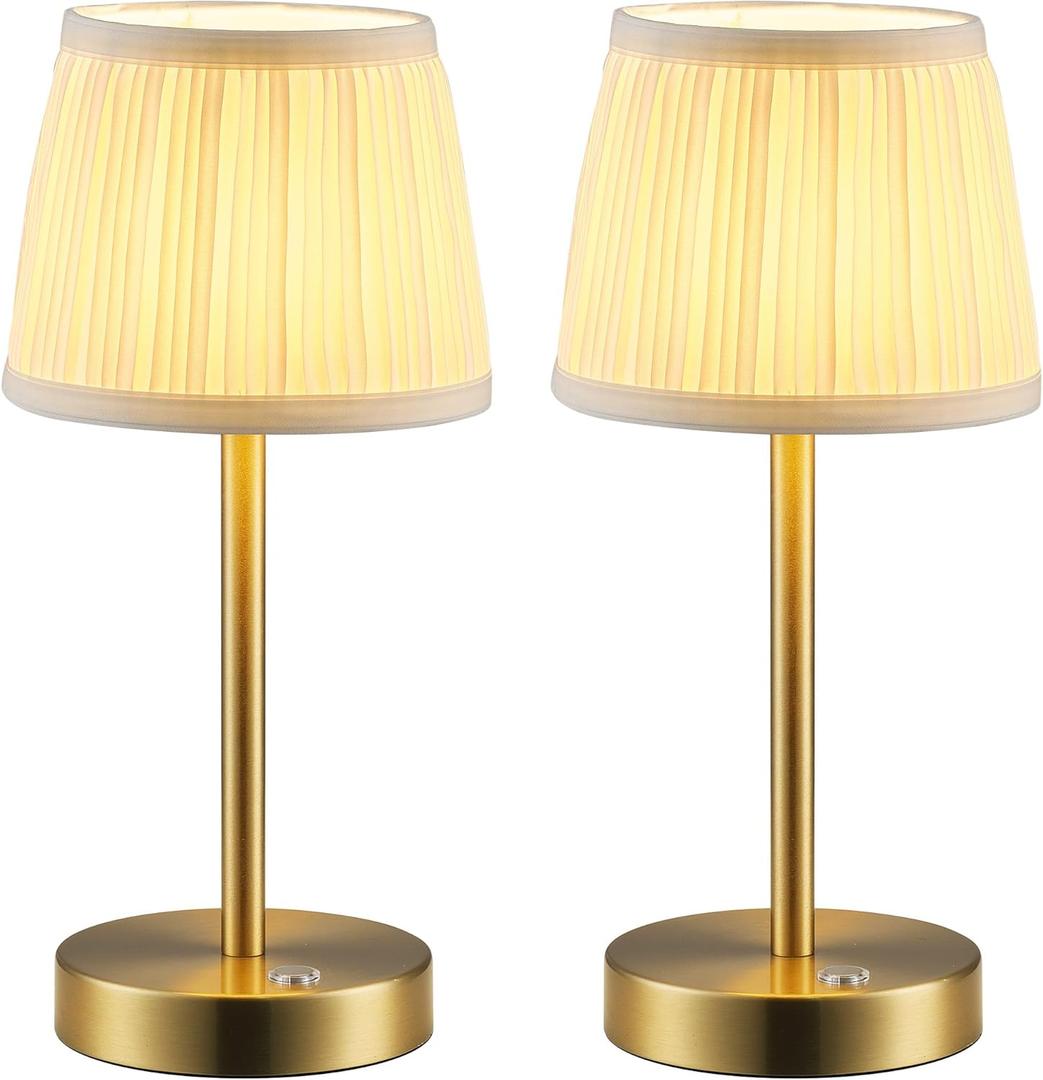 PUSU 2 Pack Cordless LED Gold Table Lamps, Rechargeable 4000mAh 3 Way Dimmable Bedside Small Lamp with Fabric Shade, Lighting for Bedroom, Kids Room, Bathroom, Kitchen, Decor, Gift, Night Light