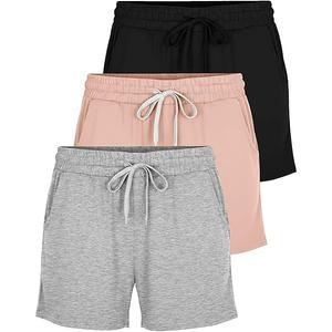 Real Essentials 3 Pack: Women's Ultra-Soft Athletic Lounge Casual Sweat Shorts with Pockets, Black, Gray, Peach, L