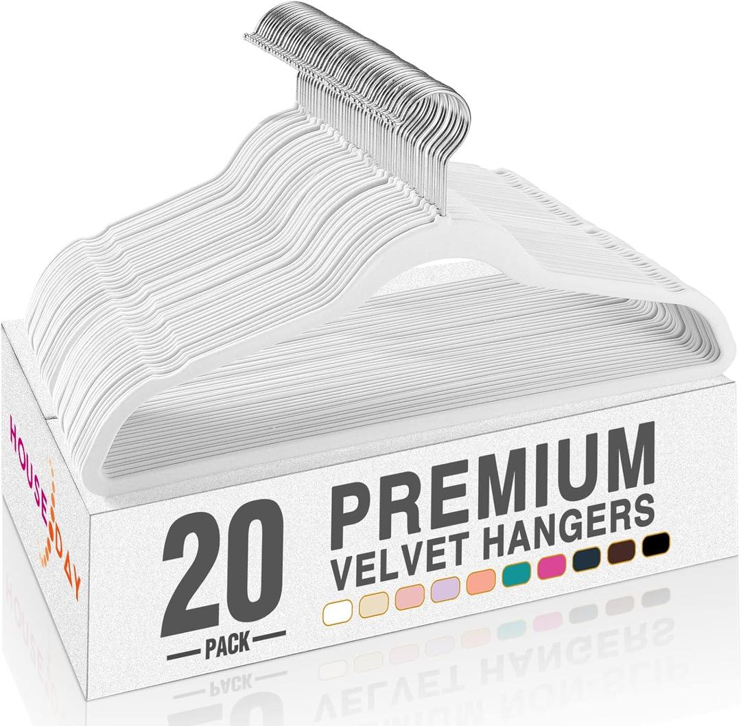 HOUSE DAY White Velvet Hangers 20 Pack, Non Slip Clothes Felt Hanger Heavy Duty for Coat, Premium Slim Space Saving Suit Hangers for Closet Organizer, 360 Rotating Silver Hook