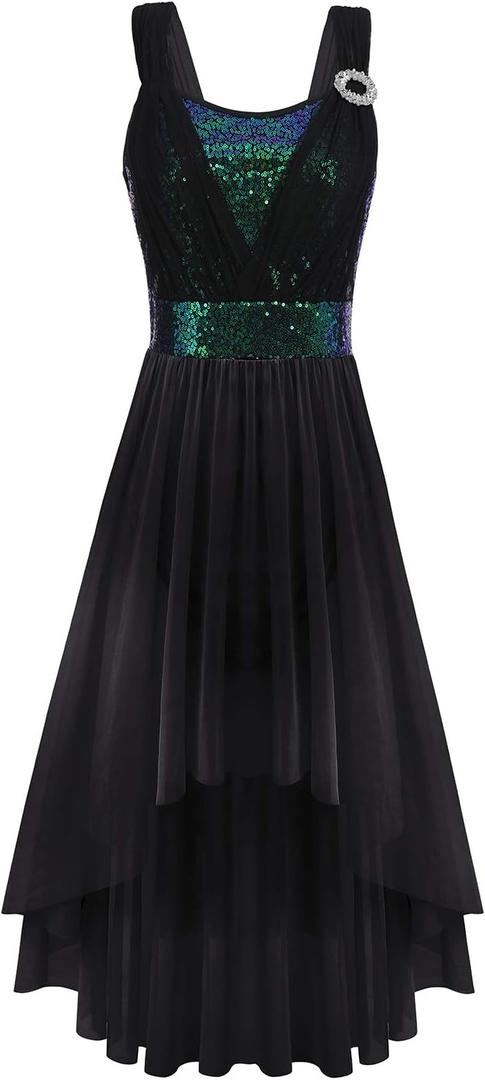 ODASDO Women Adult Lyrical Dance Dress Modern Contemporary Costume Sequins Mesh Tulle High Low Skirt Ballet Dancewear (Large, Black)