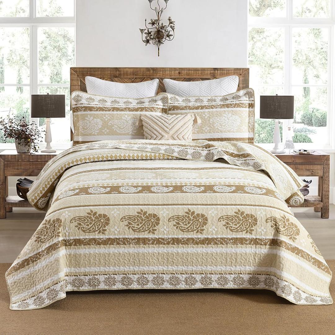Brown Taupe Quilt, Paisley Comforter Set Queen 100% Cotton Bedding Comforter Sets,Striped Pattern Bed Set, Lightweight Reversible Bedspreads, Machine Washable Coverlet Neutral 3 Pieces