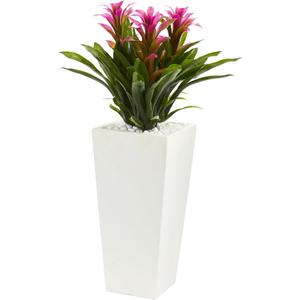 Nearly Natural Triple Bromeliad Artificial Plant in White Tower Planter (Purple)
