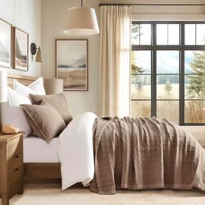 Stonewashed Cotton Quilt Set Full Queen Size, Ultra Soft Oversized Bedspread Coverlet Set, Lightweight Crinkle Box Stitch Bedding Sets for All Season, with 2 Shams, Mocha Brown