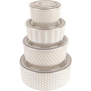 KooK Ceramic Nesting Bowls, with Lids, Serving, Set of 4, Embossed, Kitchen, Prep, Mix, Gift, Microwave and Dishwasher Safe, 10/16/29/47 oz, Narbonne Collection (Ivory)