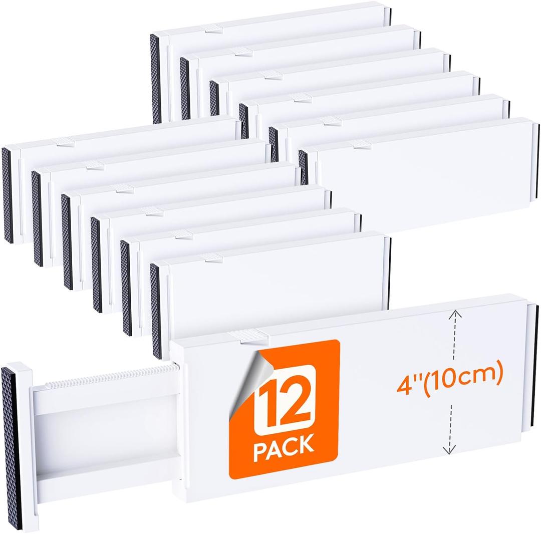 Lifewit 12 Pack Drawer Dividers 4" High,11-17" Adjustable Dresser Drawer Organizers for Clothes, Expandable Dresser Separators in Bedroom/Bathroom/Kitchen/Vanity/Office Organization and Storage, White (4"High, 11-17"Long)
