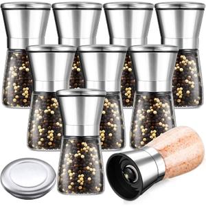 Salt and Pepper Grinder Stainless Steel Sea Salt Pepper Shaker with Adjustable Coarseness Refillable Glass Spice Grinder Mill(Retro,Silver,8)