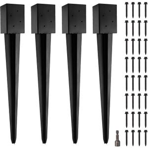 LADECH 4x4 Fence Post Anchor Ground Spike 36 Length Metal Black Powder Coated Mailbox Post Anchors Fit 3.5x3.5 Lumber (4, Black)
