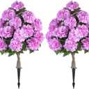 BLOSMON Hydrangea Topiary Trees Artificial - Outdoor 2 Packs 33" Pink Fake Flower Ball Tree for Front Porch Planters Urns Decor - 20 Heads Faux Hydrangea Bush Plants with Spike for Garden Yard Patio