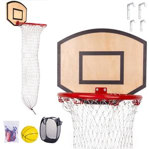 Wooden Basketball Hoop Hamper,Over The Door Laundry Hamper,Two Different Hook Sizes,Basketball Set+Clothes Basket,Storage & Fun 2 in 1