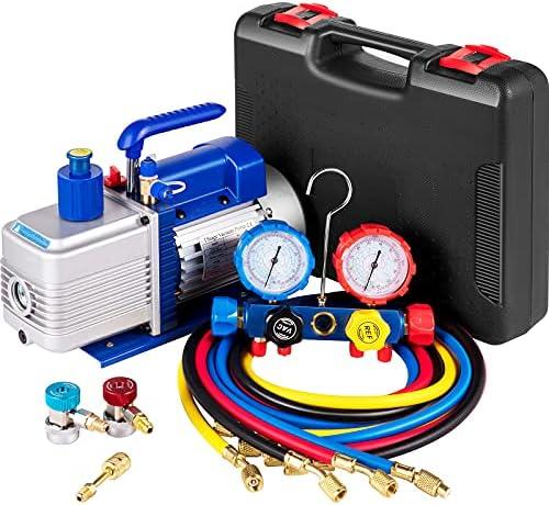 VEVOR Vacuum Pump 4.8CFM 1/4 HP Single Stage HVAC A/C Refrigeration Kit 5PA Ultimate Vacuum Manifold Gauge Set R12 R404A R410A R134A R22 HVAC AC, Manifold Gauge and Hose for Air Conditioning Systems