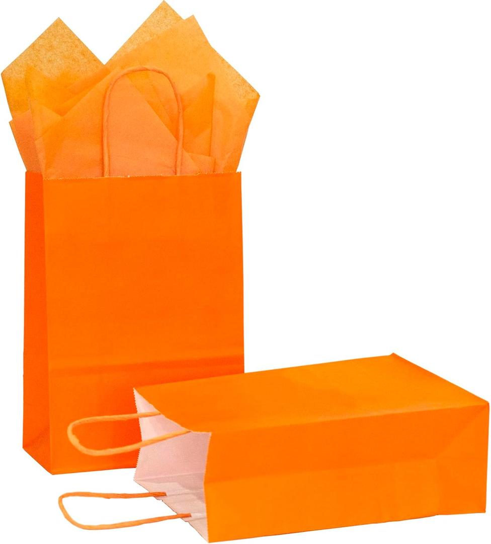 AZOWA Orange Gift Bags with Tissue Paper Small Orange Kraft Paper Bags with Handles (8.3 x 5.1 x 3.1 in, 20 Pcs)