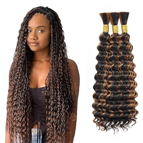 P4/30 Highlight Brown Human Braiding Hair Deep Wave Bulk 14 14 14 Inch Dark Brown Deep Curly Braids Human Hair Extensions Unprocessed Virgin Remy Hair 3 Bundle 50 Gram Per Bundle