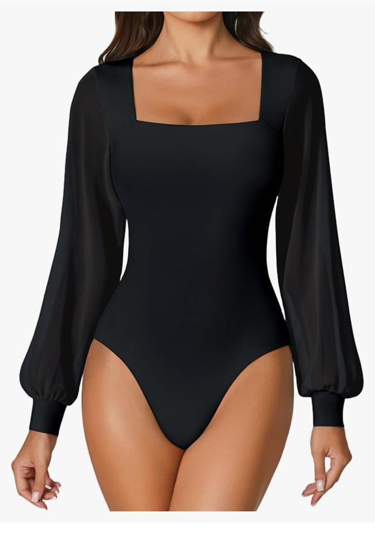 Avidlove Women Puff Long Sleeve Bodysuit Mesh Square Neck Thong Sexy Body Suits Double Lined Leotards Size S