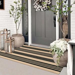 Striped Outdoor Front Door Mat 24"x51", Cotton Hand Woven Washable Black and Khaki Rug Runner, Reversible Foldable Indoor Layered Front Door Rugs for Entryway/Farmhouse/Home Entrance (2'x4.3')