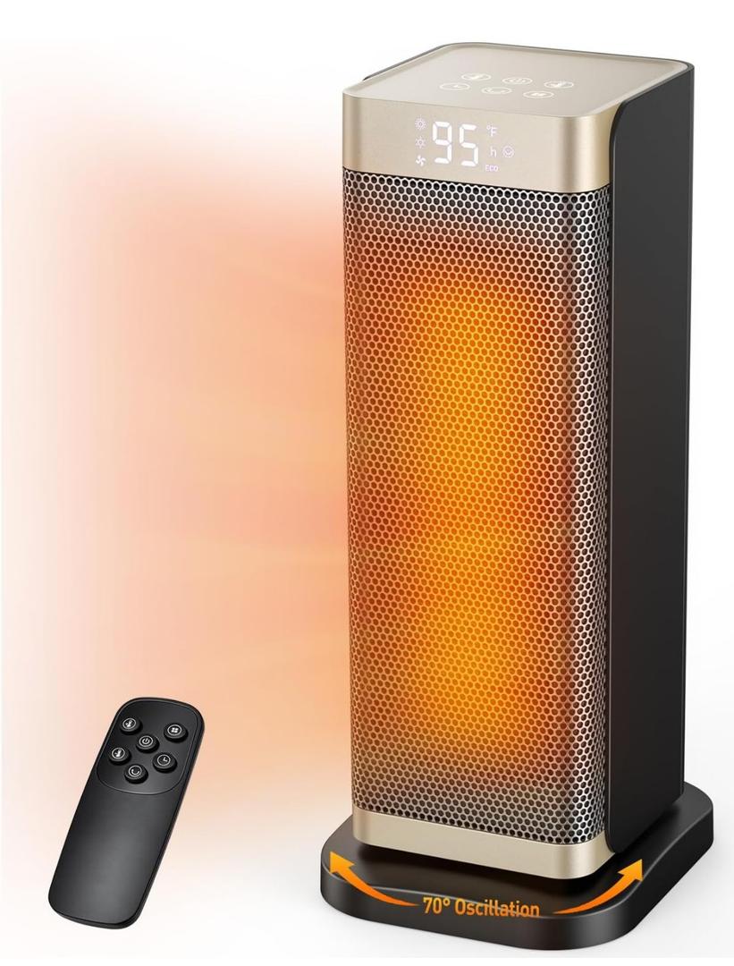 Space Heaters for Indoor Use, 1500W Electric Heater with Thermostat, 70° Oscillation, Remote Control, 3 Modes, 12H Timer, Portable Heater for Bedroom, Office, Home