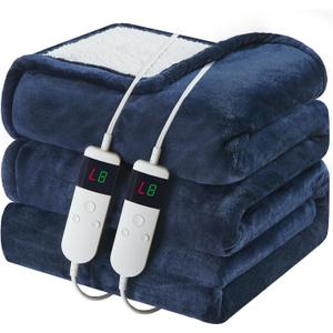 Electric Heated Blanket Queen Size 84''x90'' Soft Flannel & Sherpa Electric Blanket with 10 Heating Levels, Automatically Shut Down After 8h with Overheat Protection Machine Washable (Midnight Blue)