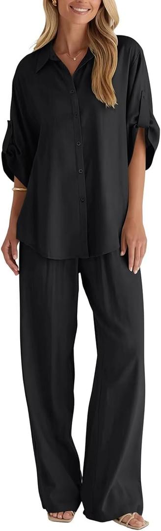 BWQ Womens linen 2 Piece Outfits Long Sleeve Button Down Shirt Wide Leg Pants Lounge Set S-2xl (Black, L)